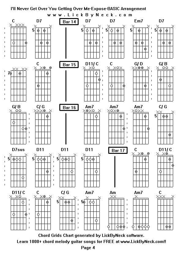 Chord Grids Chart of chord melody fingerstyle guitar song-I'll Never Get Over You Getting Over Me-Expose-BASIC Arrangement,generated by LickByNeck software.